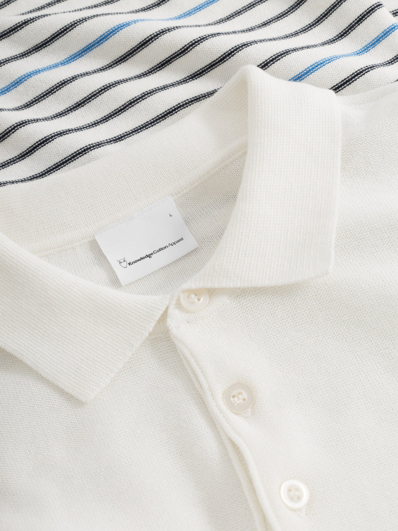 KnowledgeCotton Apparel - MEN Reverse knit polo stripe Polos 1007 Star White