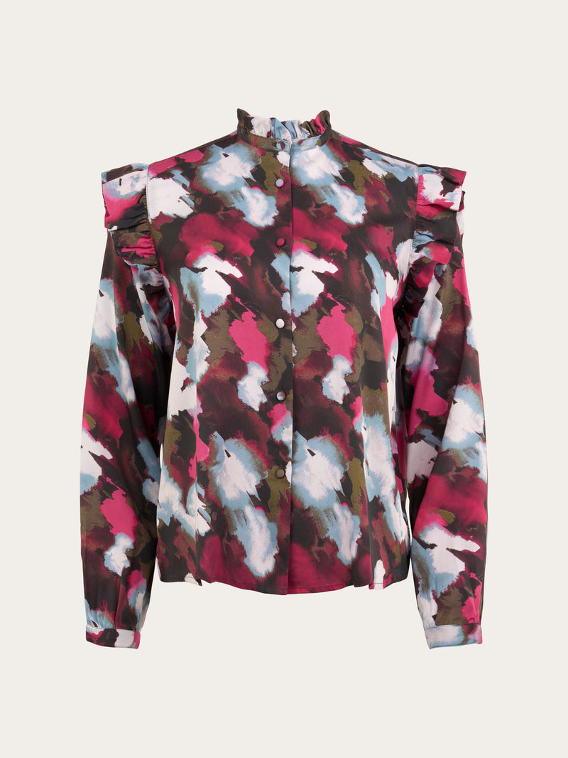 KnowledgeCotton Apparel - WMN Ruffle Tencel™ watercolor print long sleeve shirt Shirts 9999 Item Colour