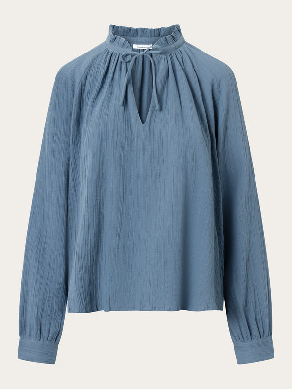 KnowledgeCotton Apparel - WMN Stand ruffle collar A-shape blouse Shirts 1361 China Blue