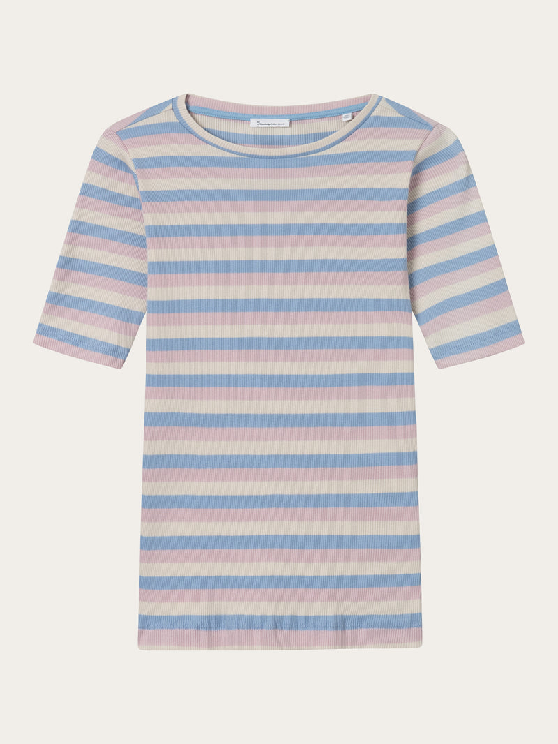KnowledgeCotton Apparel - WMN Striped rib t-shirt T-shirts 8005 Stripe