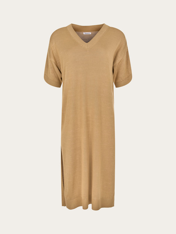 KnowledgeCotton Apparel - WMN V-neck viscose knit dress Dresses 1336 Kelp melange